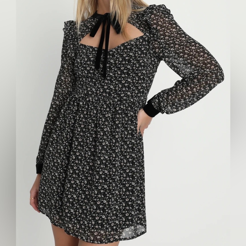 Lulus Posh Impression Black Floral Print Tie Neck Mini Dress